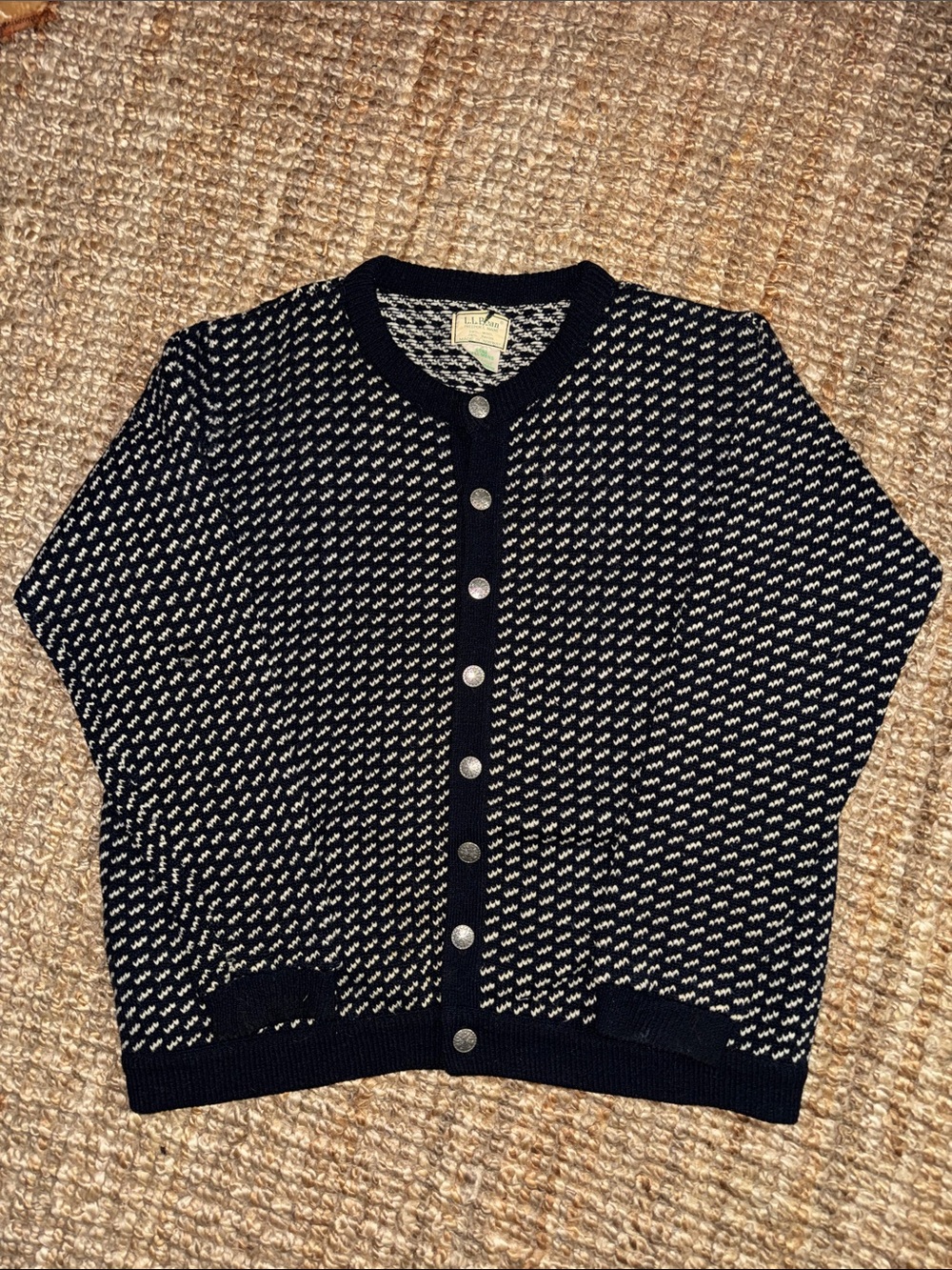 Vintage LL Bean Birds Eye Cardigan Sweater Navy Wool Norway Snowflake Button XL